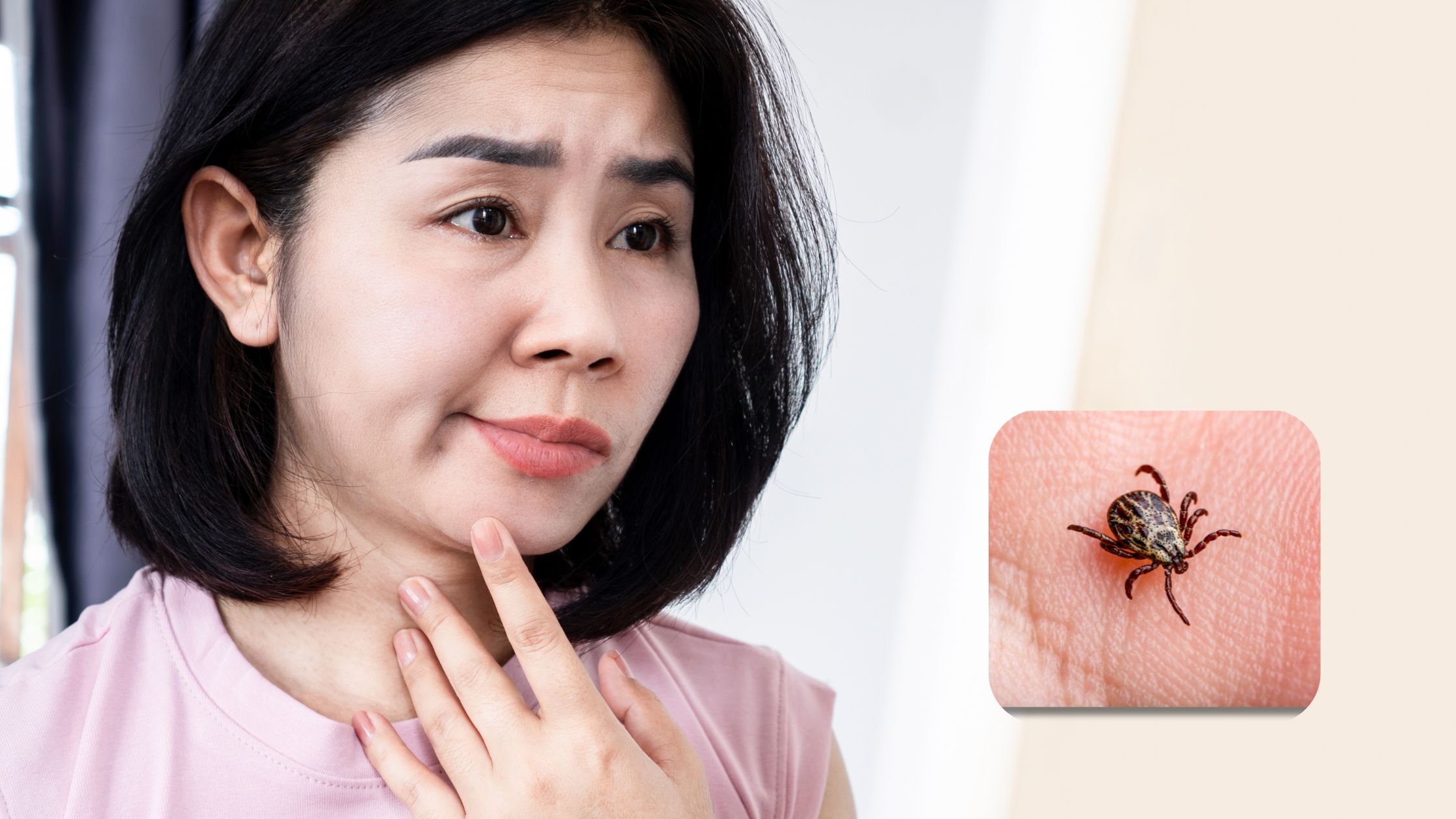 woman examining a tick bite on her chin